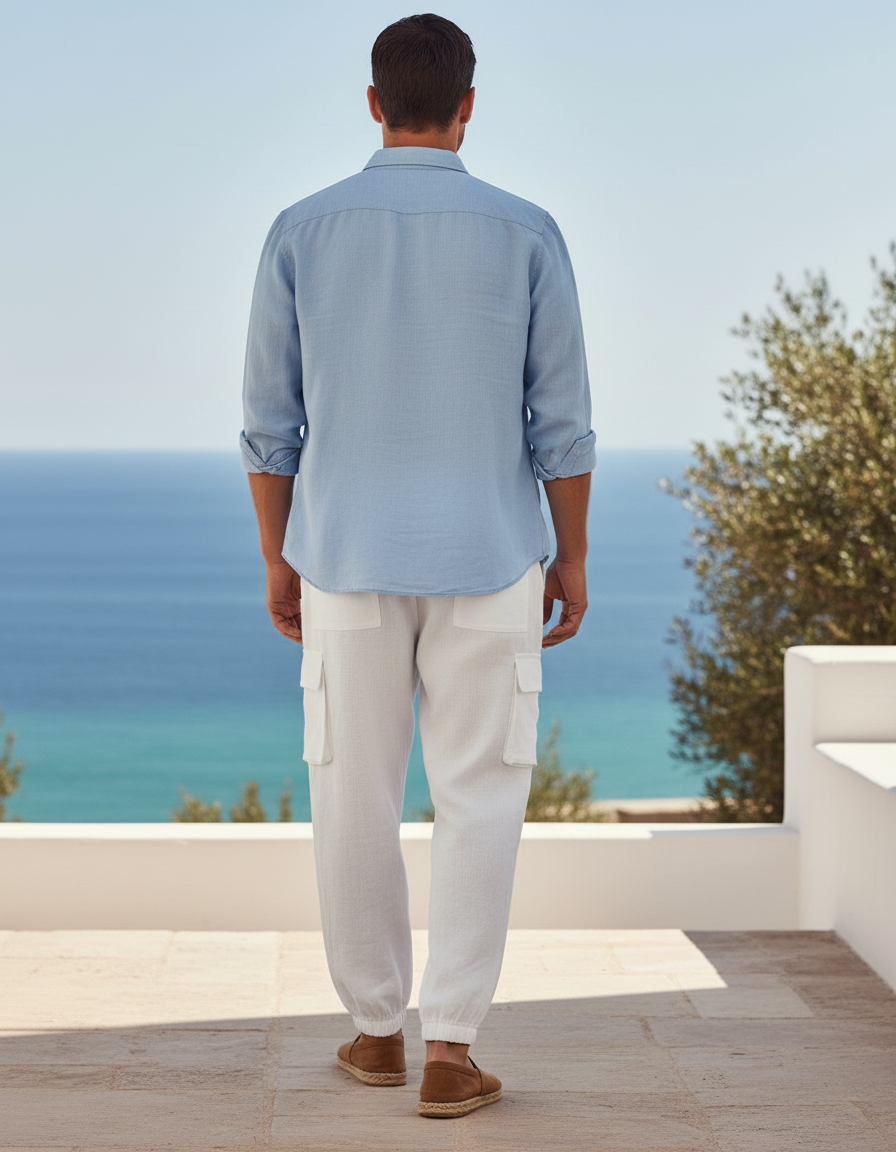 Pantalon En Lin Blanc Cargo Cordon Décontracté Homme - vue 2
