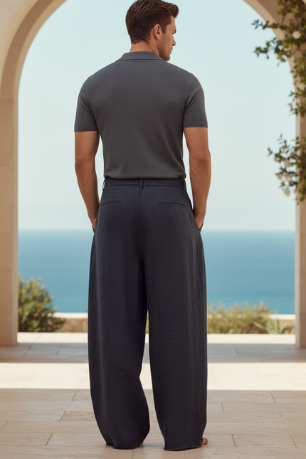 Pantalon En Lin Ample Décontracté Homme Cordon - Marine - vue 2