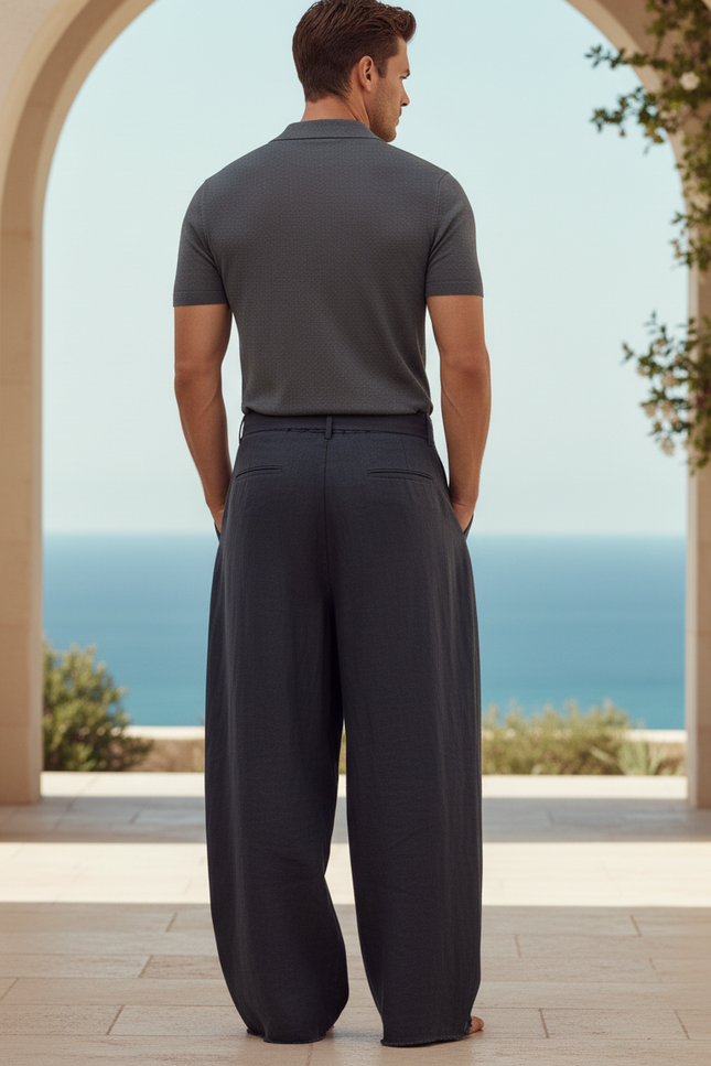 Pantalon En Lin Ample Décontracté Homme Cordon - Marine - vue 2