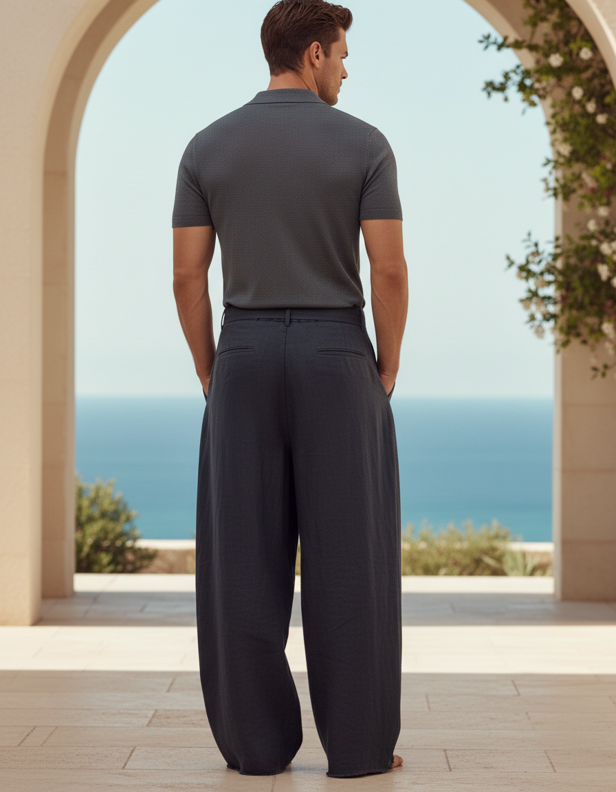 Pantalon En Lin Ample Décontracté Homme Cordon - Marine - vue 2