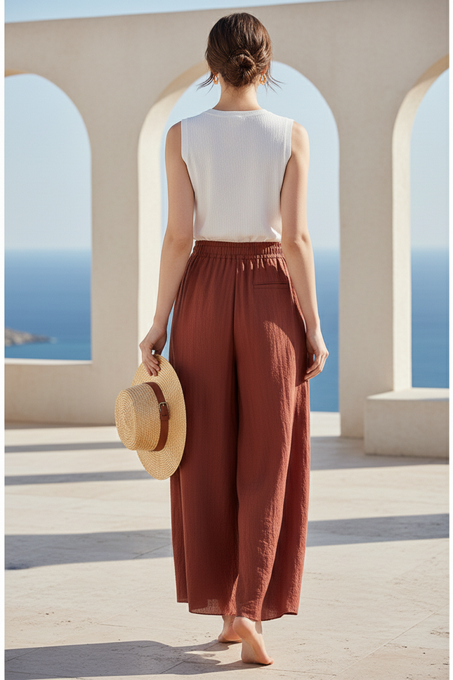 Pantalon En Lin Ample Marron Fluide Décontracté Femme - vue 2