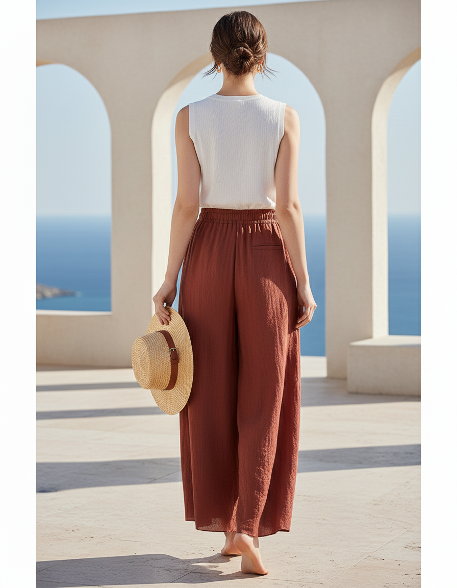 Pantalon En Lin Ample Marron Fluide Décontracté Femme - vue 2
