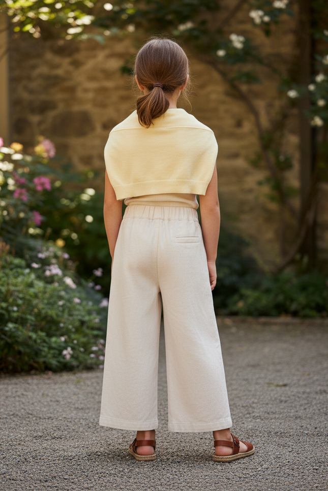 Pantalon En Lin Écru Ample Fille Décontracté Coton - Beige - vue 2