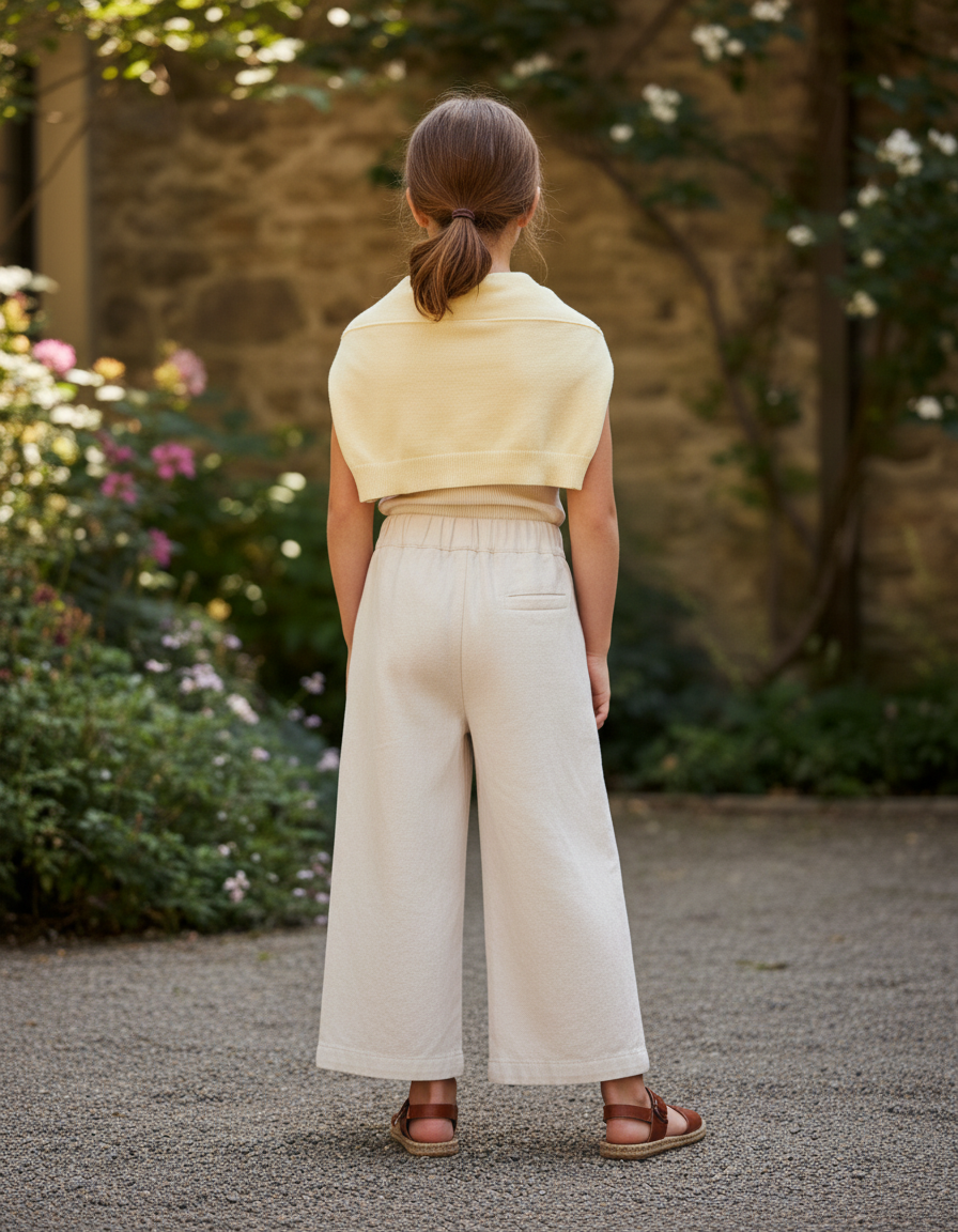 Pantalon En Lin Écru Ample Fille Décontracté Coton - Beige - vue 2