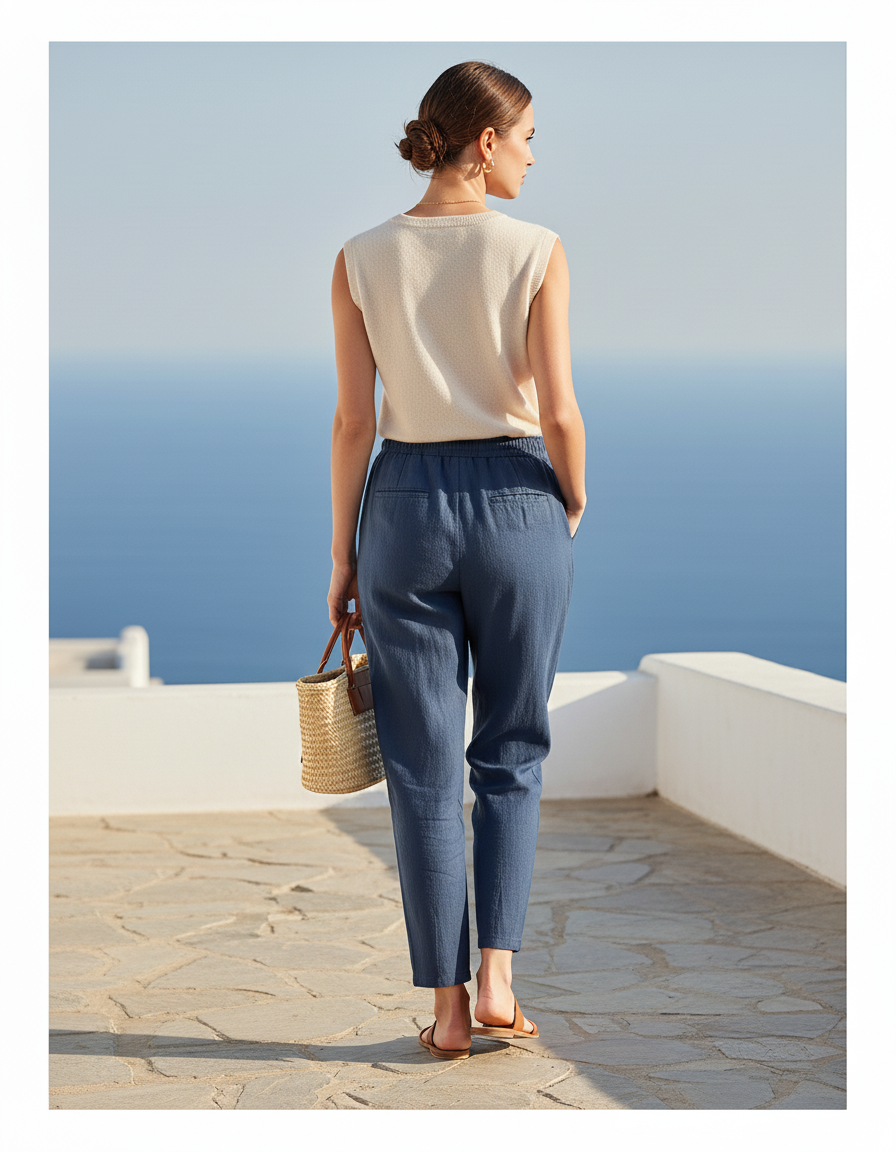Pantalon En Lin Bleu Cordon Taille Élastique Décontracté Femme - vue 2