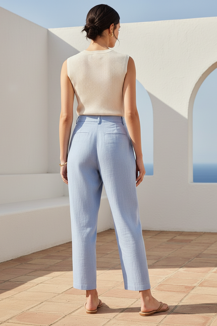 Pantalon En Lin Bleu Ciel Taille Haute Fuselé - vue 2