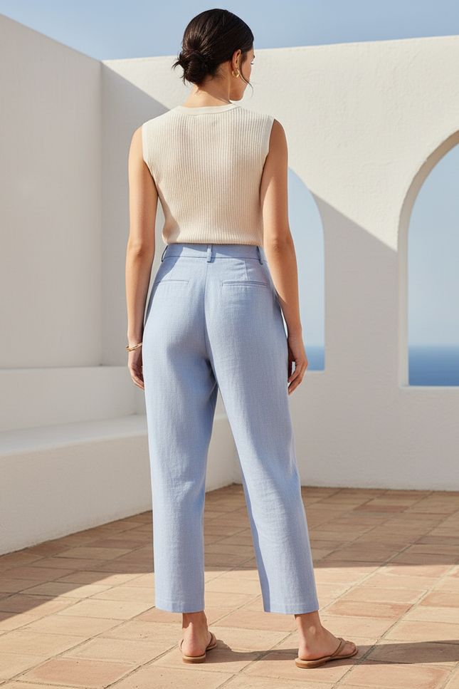 Pantalon En Lin Bleu Ciel Taille Haute Fuselé - vue 2