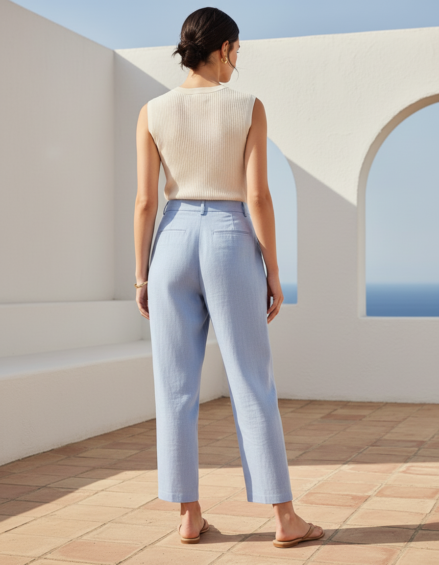 Pantalon En Lin Bleu Ciel Taille Haute Fuselé - vue 2