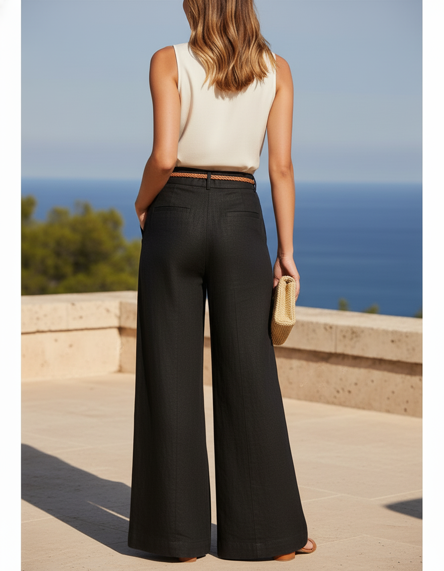 Pantalon En Lin Noir Ample Boutons Décontracté Fluide - vue 2