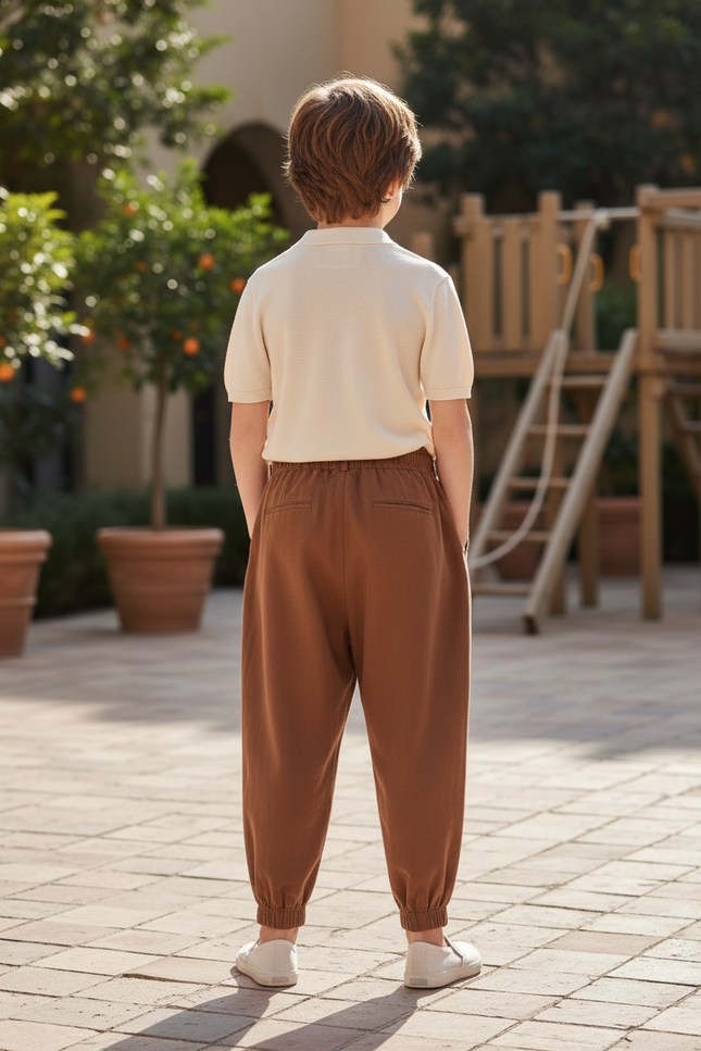 Pantalon En Lin Marron Ample Plissé Décontracté Garçon - vue 2