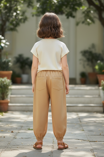 Pantalon En Lin Enfant Ample Confortable Élastique Marron - vue 2