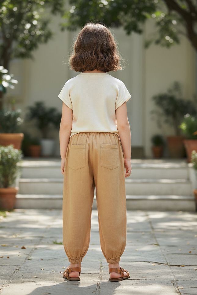 Pantalon En Lin Enfant Ample Confortable Élastique Marron - vue 2