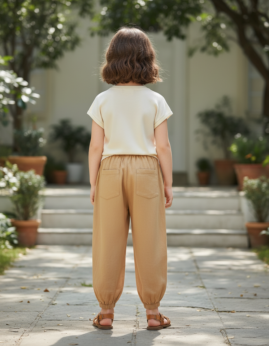 Pantalon En Lin Enfant Ample Confortable Élastique Marron - vue 2