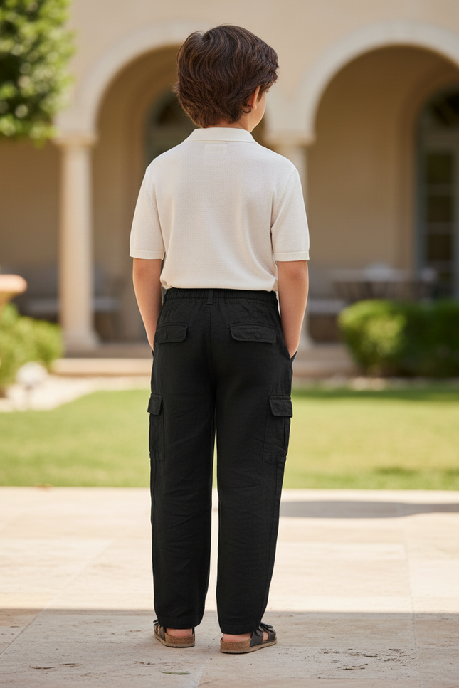 Pantalon En Lin Noir Cargo Ample Garçon Décontracté - vue 2