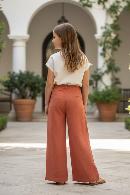 Pantalon En Lin Ample Terre Cuite Taille Haute Fille - Marron - vue 2