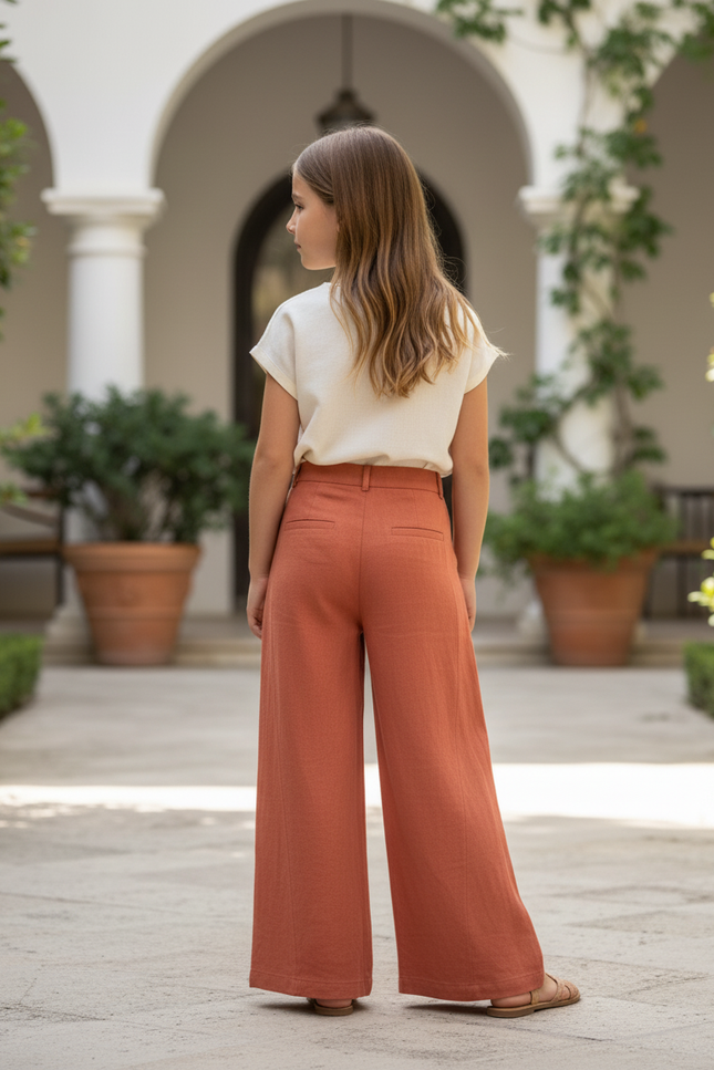 Pantalon En Lin Ample Terre Cuite Taille Haute Fille - Marron - vue 2