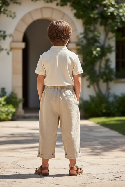 Pantalon En Lin Enfant Écru Coton Ample Décontracté - Beige - vue 2