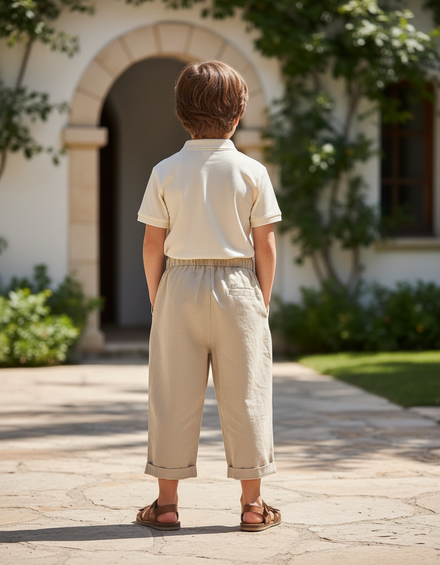 Pantalon En Lin Enfant Écru Coton Ample Décontracté - Beige - vue 2