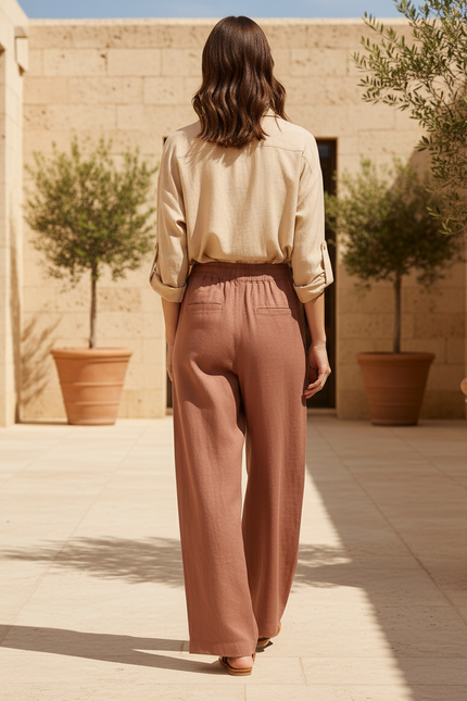 Pantalon En Lin Terracotta Ample Taille Élastique Décontracté - Marron - vue 2