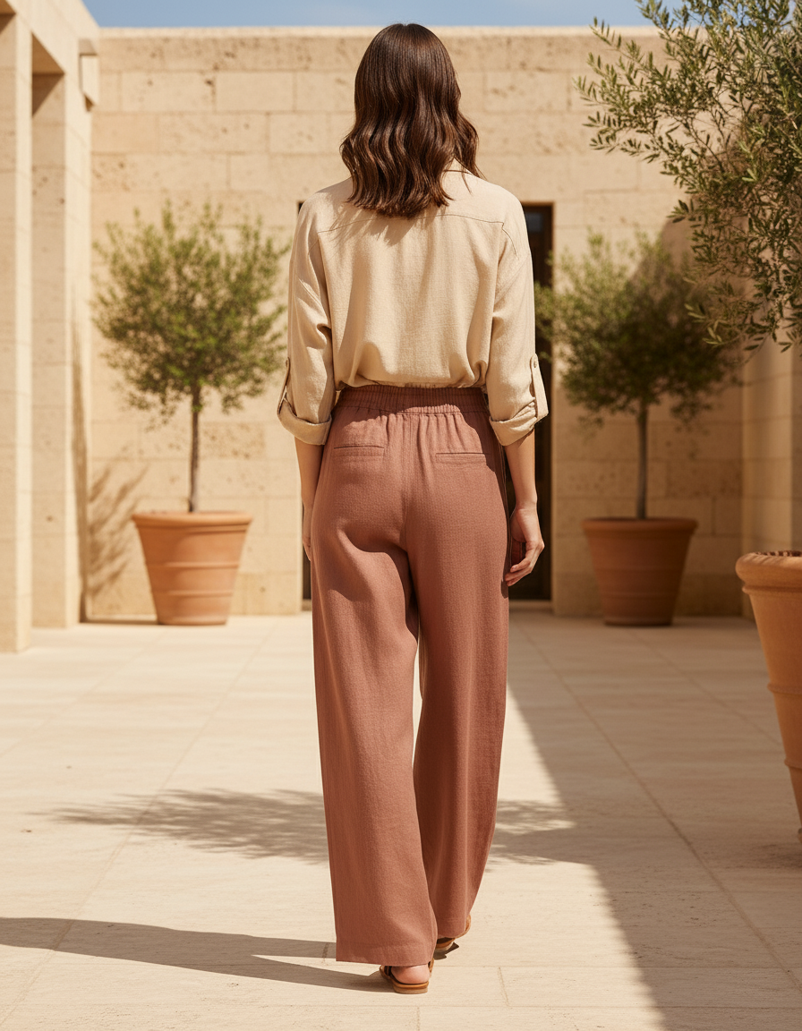 Pantalon En Lin Terracotta Ample Taille Élastique Décontracté - Marron - vue 2