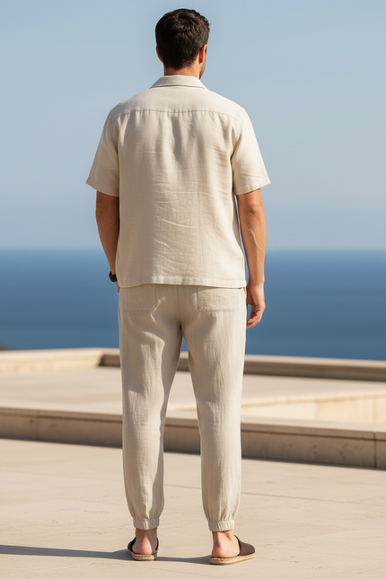 Pantalon En Lin Beige Homme Décontracté Cordon Resserré - vue 2