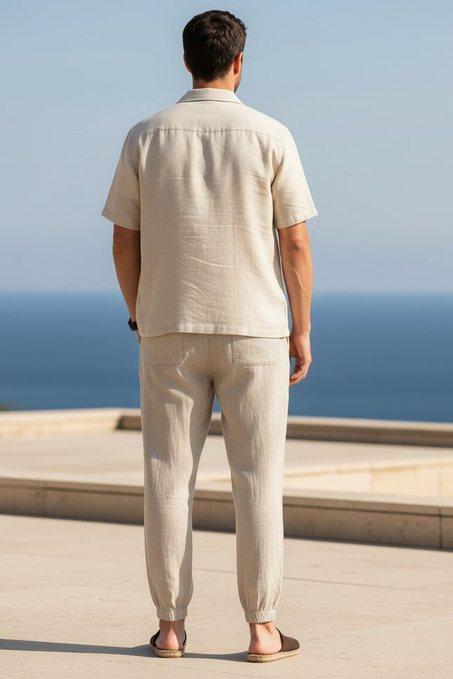 Pantalon En Lin Beige Homme Décontracté Cordon Resserré - vue 2