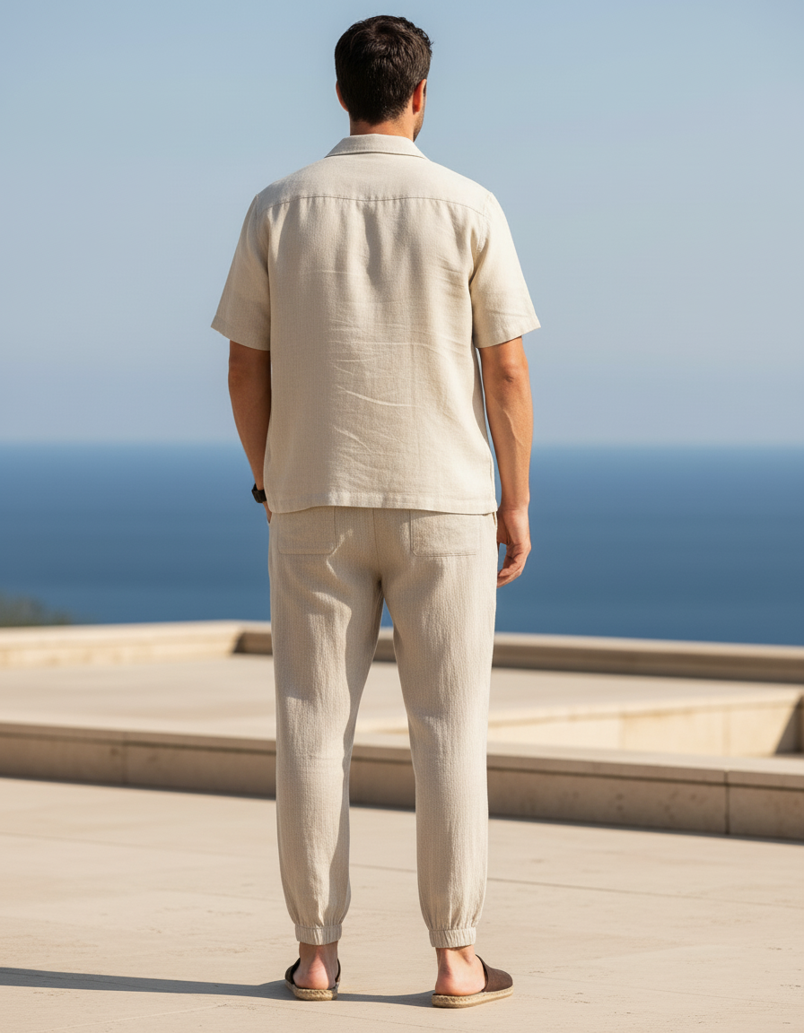 Pantalon En Lin Beige Homme Décontracté Cordon Resserré - vue 2