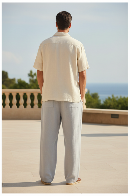 Pantalon En Lin Gris Clair Droit Cordon Décontracté Homme - vue 2