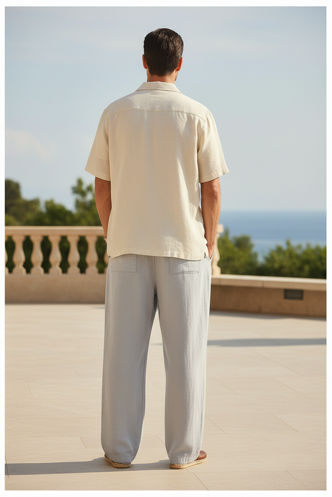 Pantalon En Lin Gris Clair Droit Cordon Décontracté Homme - vue 2