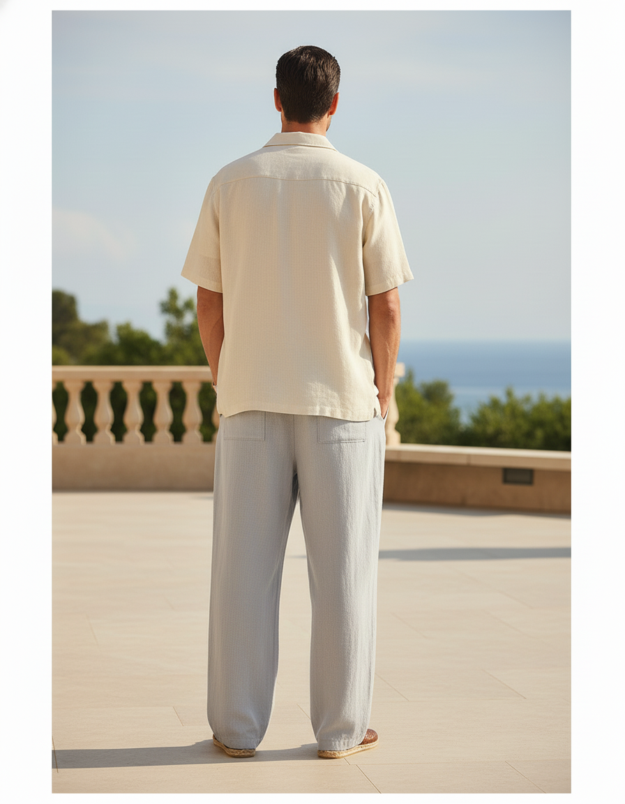 Pantalon En Lin Gris Clair Droit Cordon Décontracté Homme - vue 2