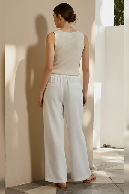 Pantalon En Lin Femme Écru Coupe Ample Casual Respirant - Blanc - vue 2