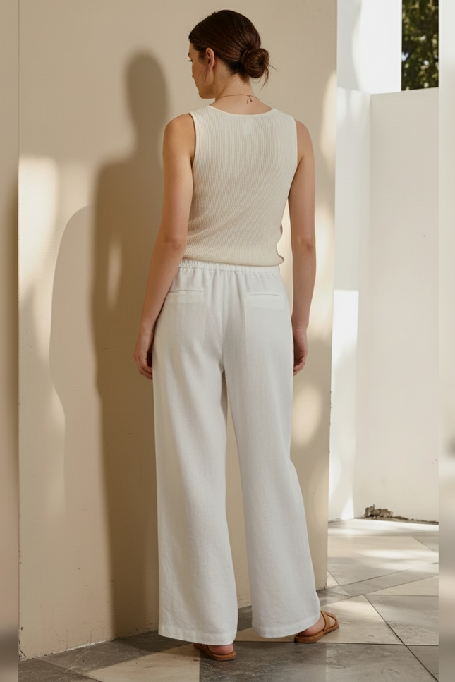 Pantalon En Lin Femme Écru Coupe Ample Casual Respirant - Blanc - vue 2