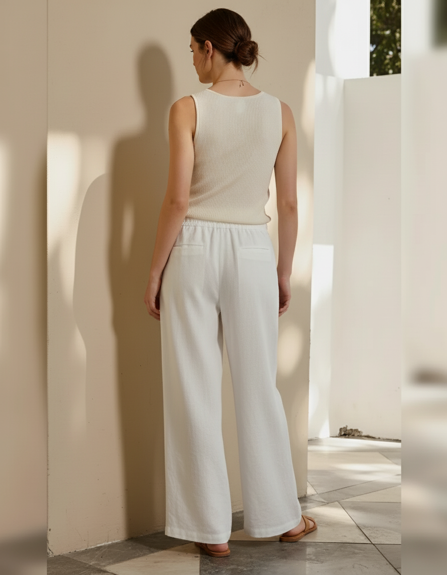 Pantalon En Lin Femme Écru Coupe Ample Casual Respirant - Blanc - vue 2