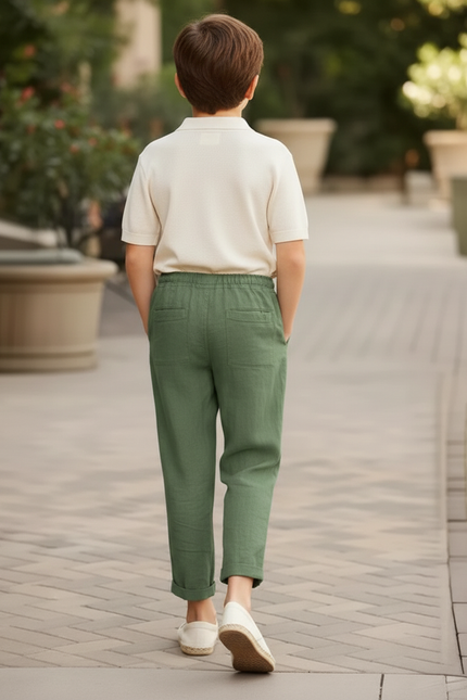 Pantalon En Lin Vert Militaire Ample Cordon Décontracté Enfant - Kaki - vue 2