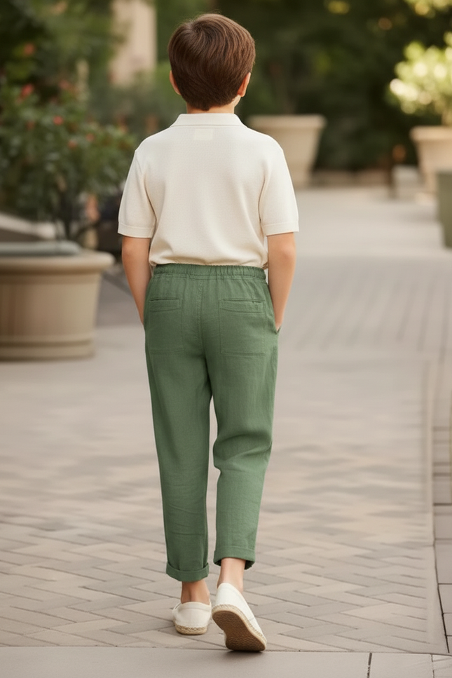 Pantalon En Lin Vert Militaire Ample Cordon Décontracté Enfant - Kaki - vue 2