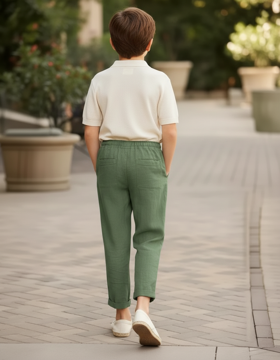 Pantalon En Lin Vert Militaire Ample Cordon Décontracté Enfant - Kaki - vue 2