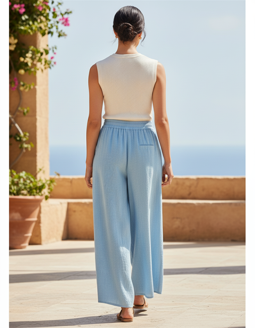 Pantalon En Lin Ample Fluide Bleu Ciel Décontracté - vue 2