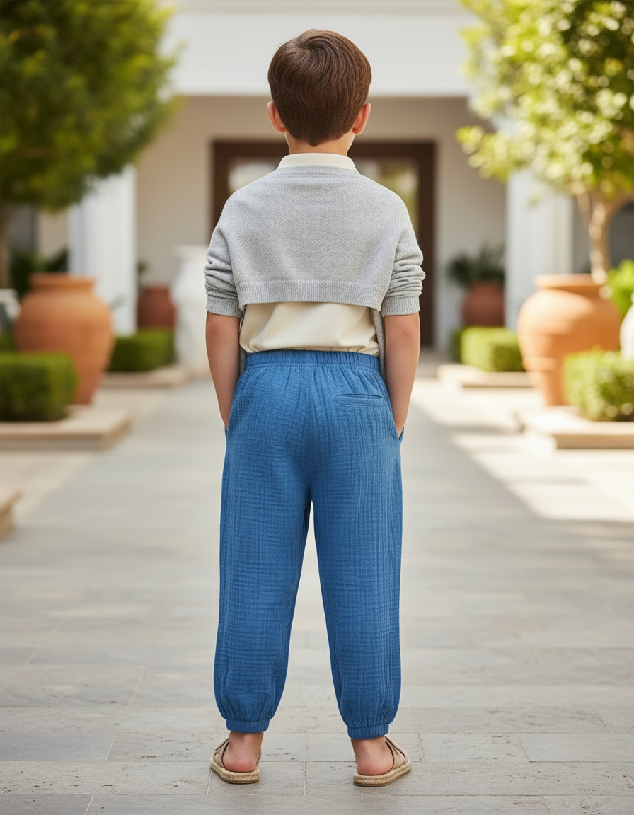 Pantalon En Lin Bleu Enfant Ample Décontracté Respirant - vue 2