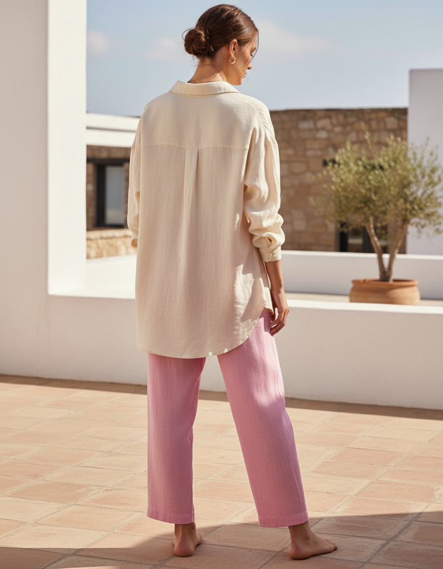 Pantalon En Lin Rose Ample Décontracté Fluide Léger - vue 2