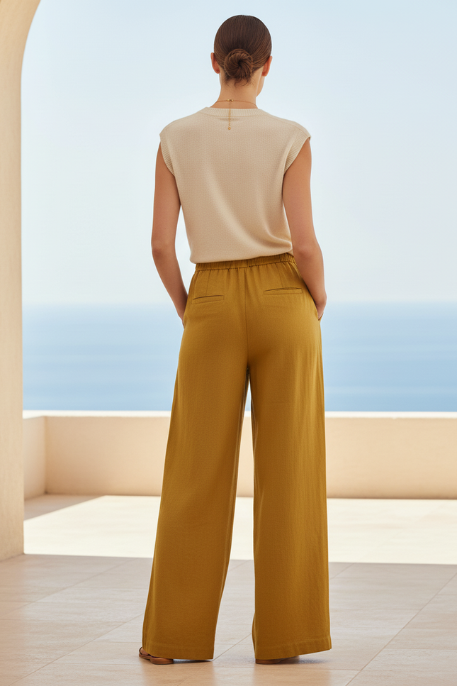 Pantalon En Lin Ample Jaune Moutarde Fluide Décontracté - vue 2