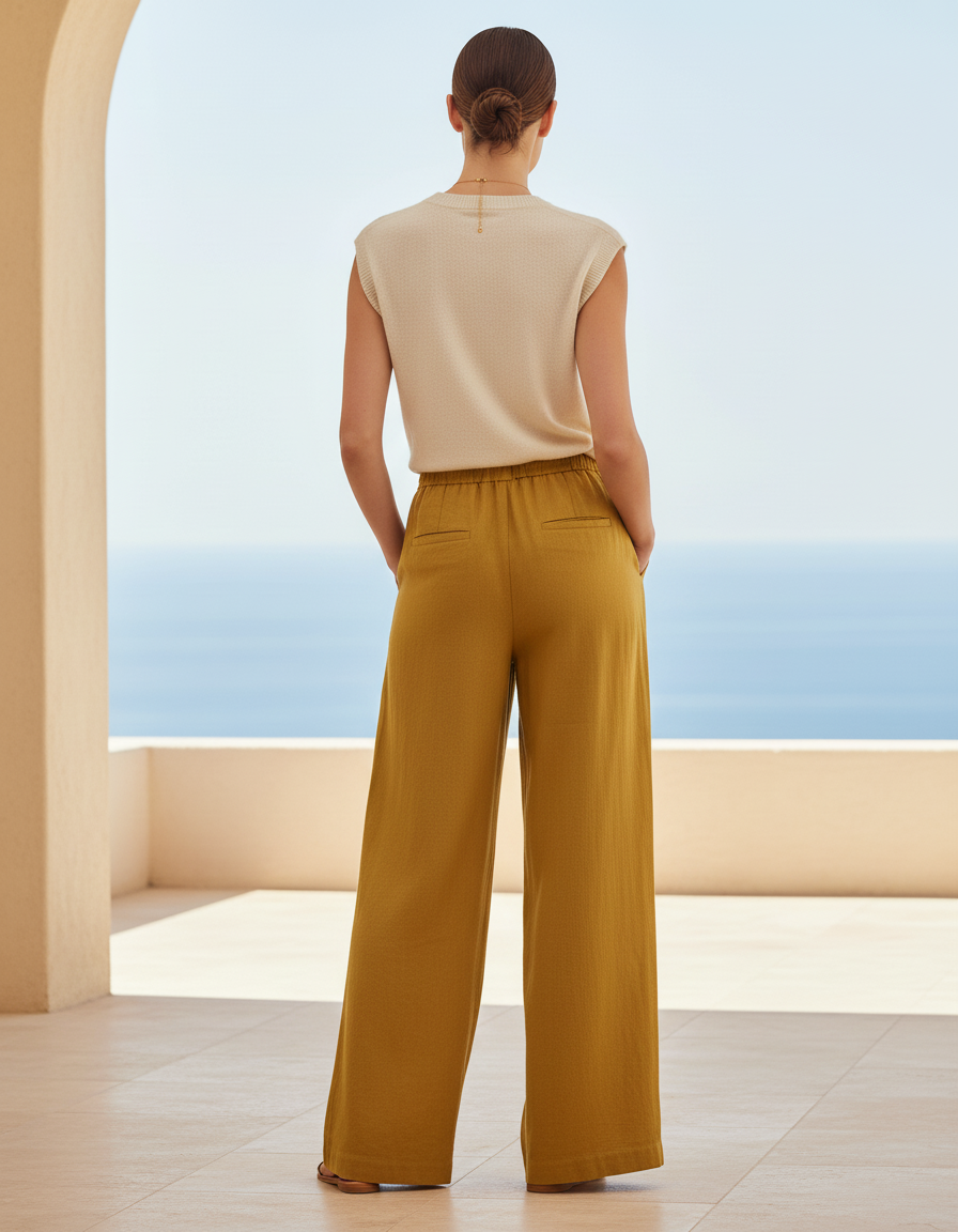 Pantalon En Lin Ample Jaune Moutarde Fluide Décontracté - vue 2