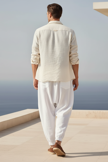Pantalon En Lin Blanc Harem Ample Cordon Homme - vue 2