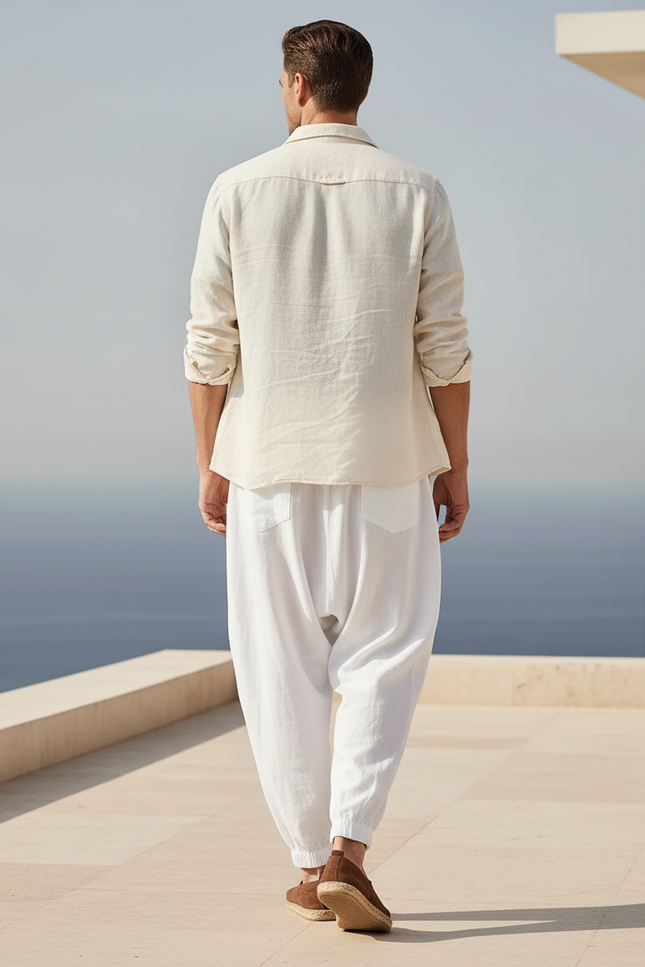 Pantalon En Lin Blanc Harem Ample Cordon Homme - vue 2