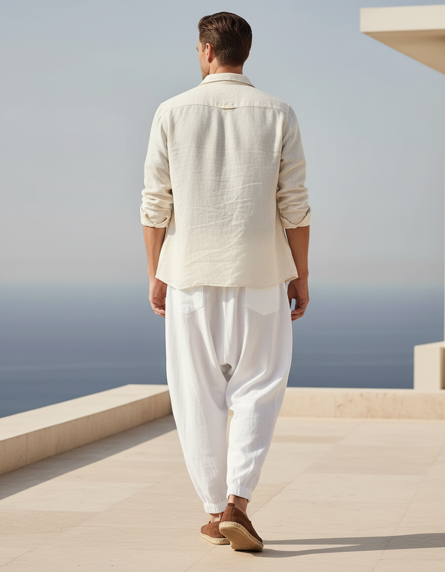 Pantalon En Lin Blanc Harem Ample Cordon Homme - vue 2
