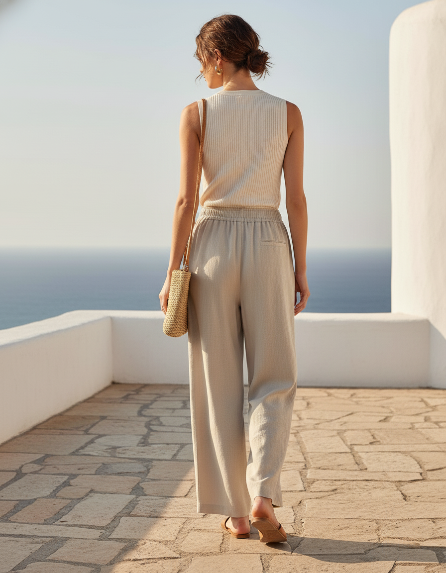 Pantalon Lin Femme Beige - vue 2