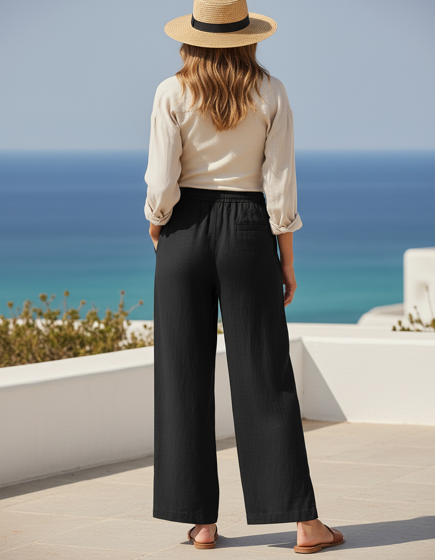 Pantalon En Lin Noir Ample Décontracté Confortable - vue 2