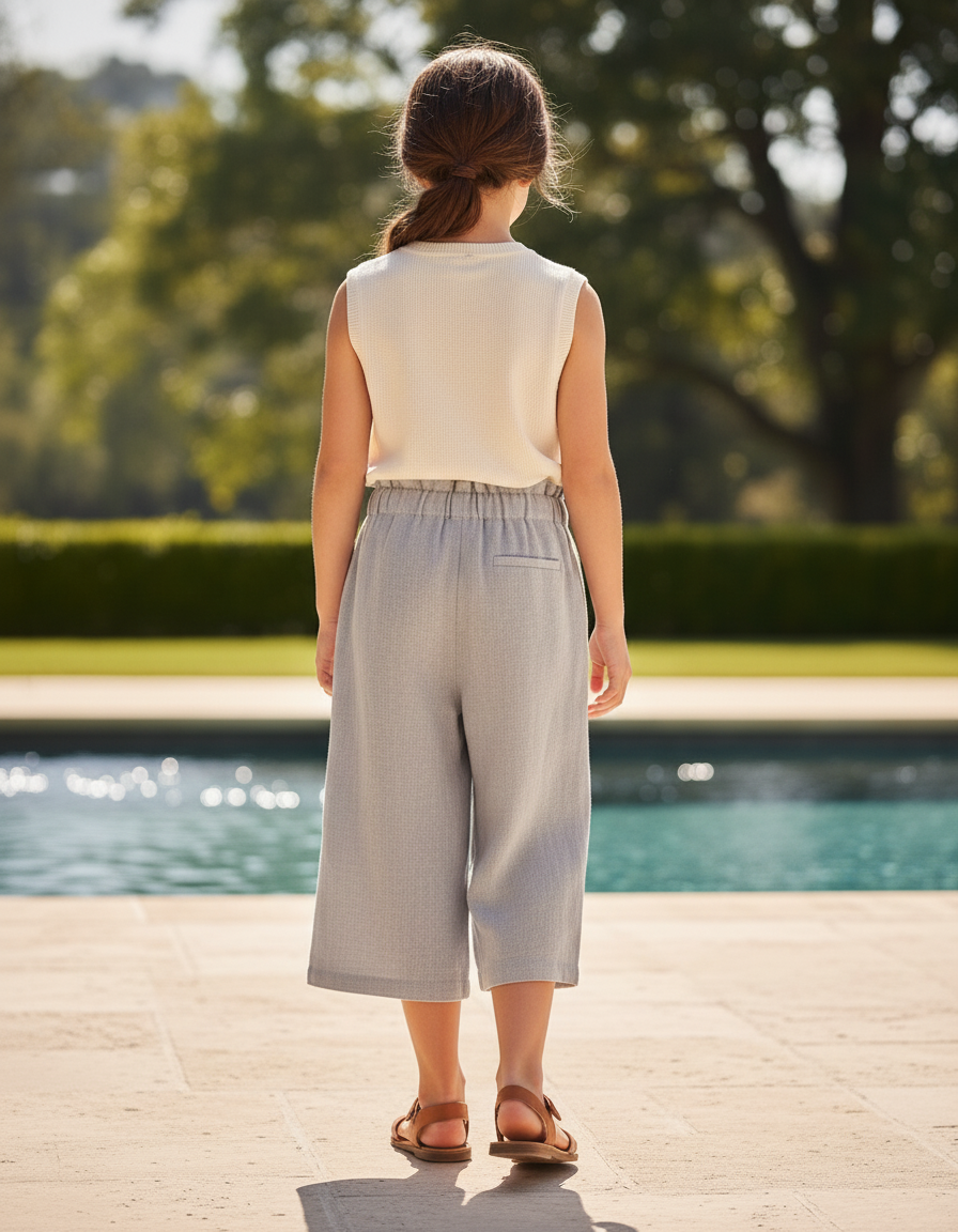 Pantalon En Lin Gris Ample Décontracté Fille Coton - vue 2