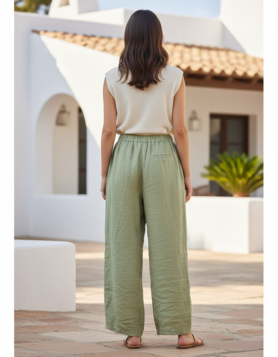 Pantalon En Lin Ample Vert Femme Fluide - vue 2