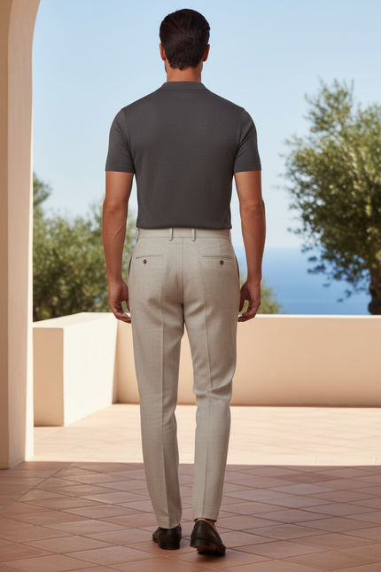 Pantalon En Lin Plissé Beige Droit Élégant Homme - vue 2