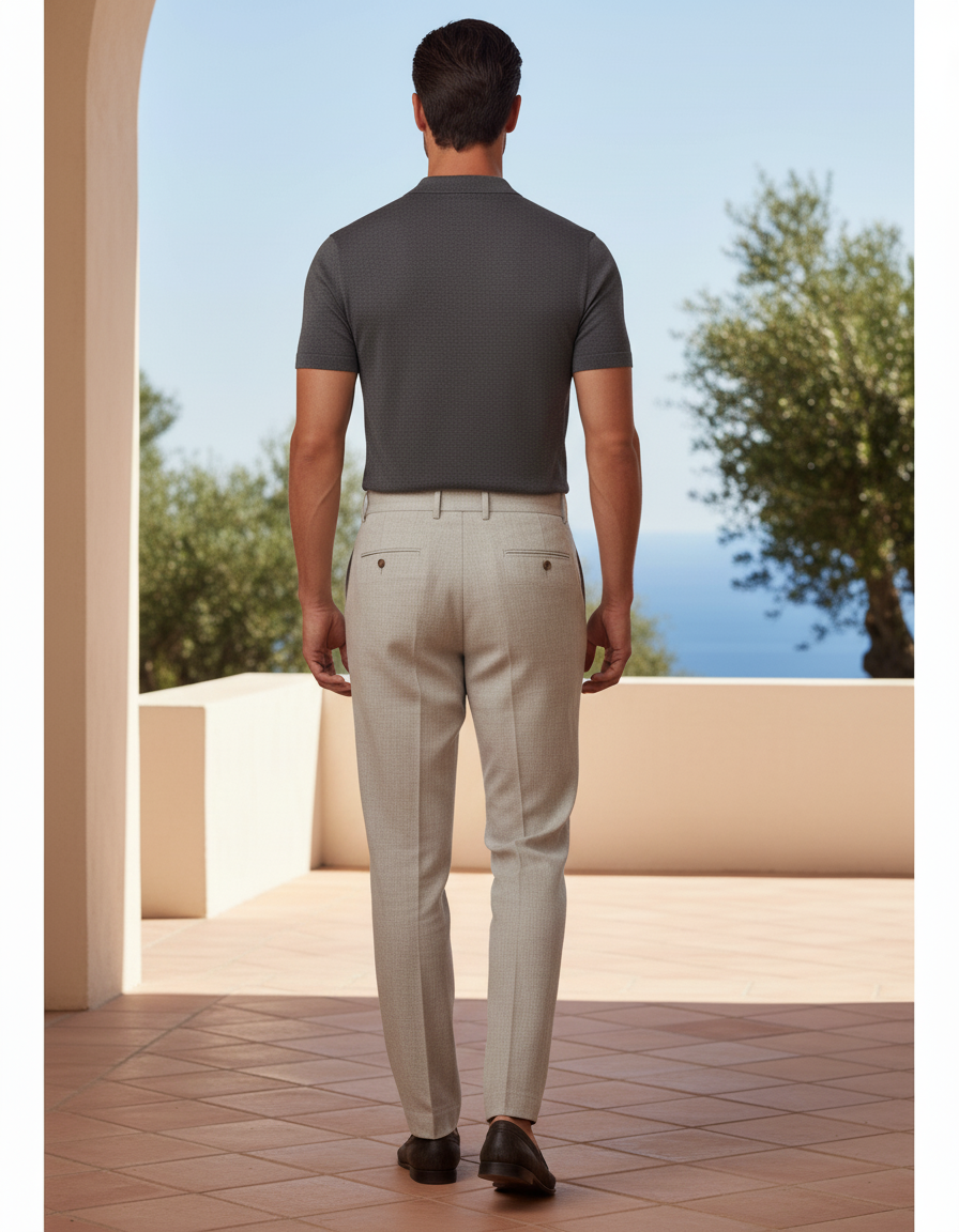 Pantalon En Lin Plissé Beige Droit Élégant Homme - vue 2